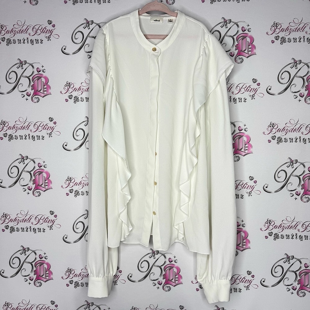 Wilfred aritzia silk White Ruffle Blouse button up frilly detail cream white